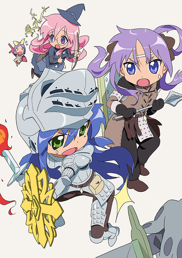 kawasaki kazuhiko, hiiragi kagami, hiiragi tsukasa, izumi konata, takara miyuki, demon's souls, fromsoftware, lucky star, 3girls, armor, blue hair, bow (weapon), cosplay, glasses, helmet, knight, long hair, mace, mole, mole under eye, multiple girls, pink hair, purple hair, shield, siblings, sisters, sword, twins, warrior, weapon