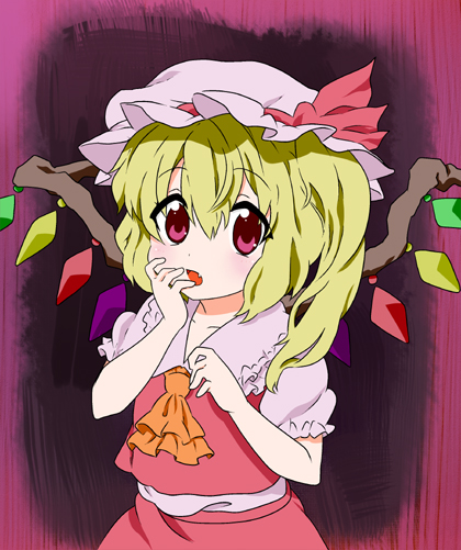 ayasugi tsubaki, flandre scarlet, touhou, 1girl, blonde hair, blush, female focus, hat, pink eyes, solo, standing, wings