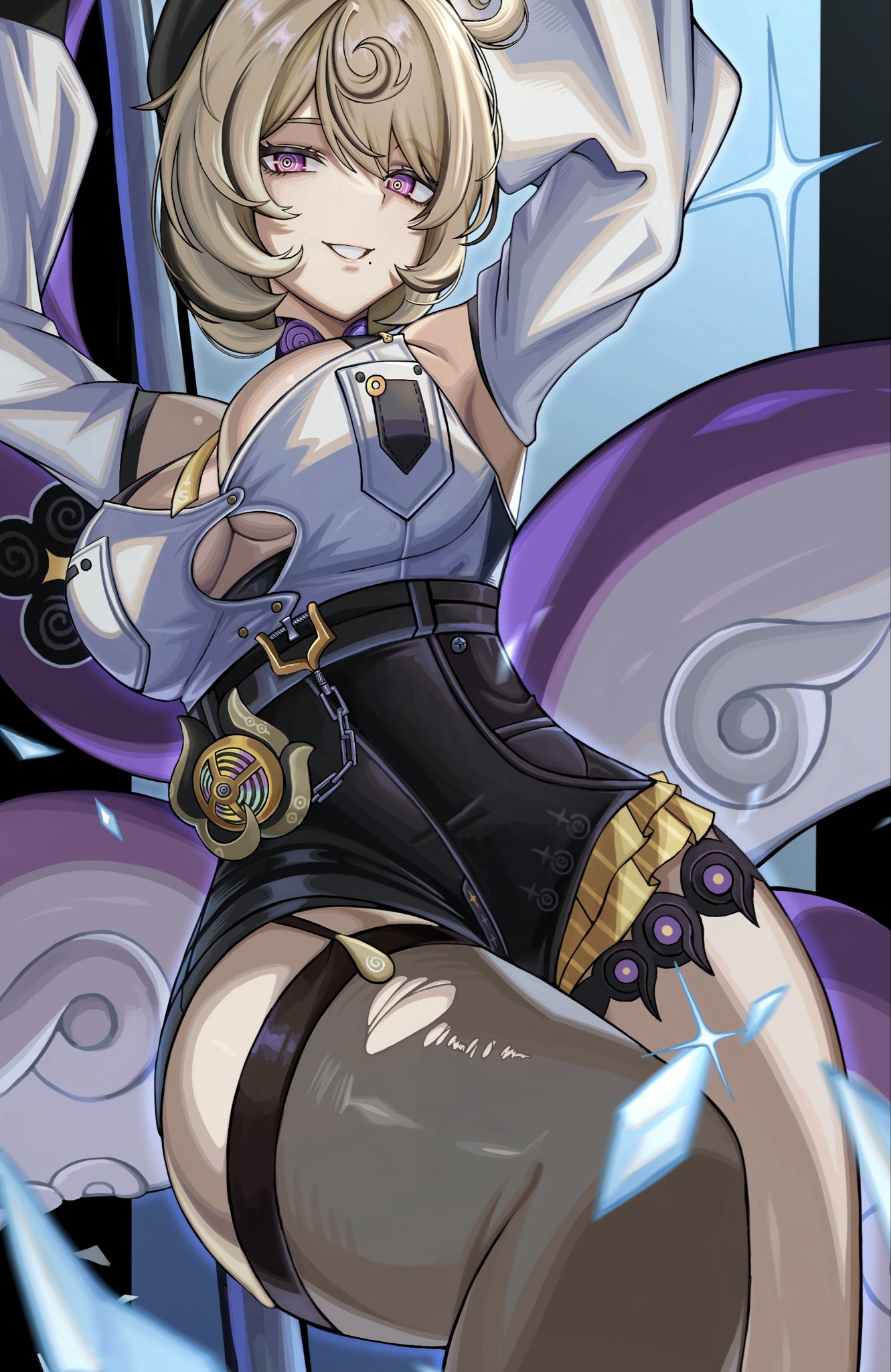 rxo2xs, yidhari murphy, zenless zone zero, highres, 1girl, accessories, armpits, arms up, asymmetrical shorts, black hat, blonde hair, breasts, broken glass, cleavage, detached sleeves, garter straps, glass, glass shard, hair between eyes, hat, high-waist shorts, large breasts, looking at viewer, mole, mole under mouth, monster girl, purple eyes, ringed eyes, scylla, shirt, short hair, shorts, single garter strap, single thighhigh, solo, sparkle, sticker, tentacle girl, tentacle tail, tentacles, thighhighs, tight clothes, tight shirt, torn clothes, torn thighhighs, white shirt, white sleeves