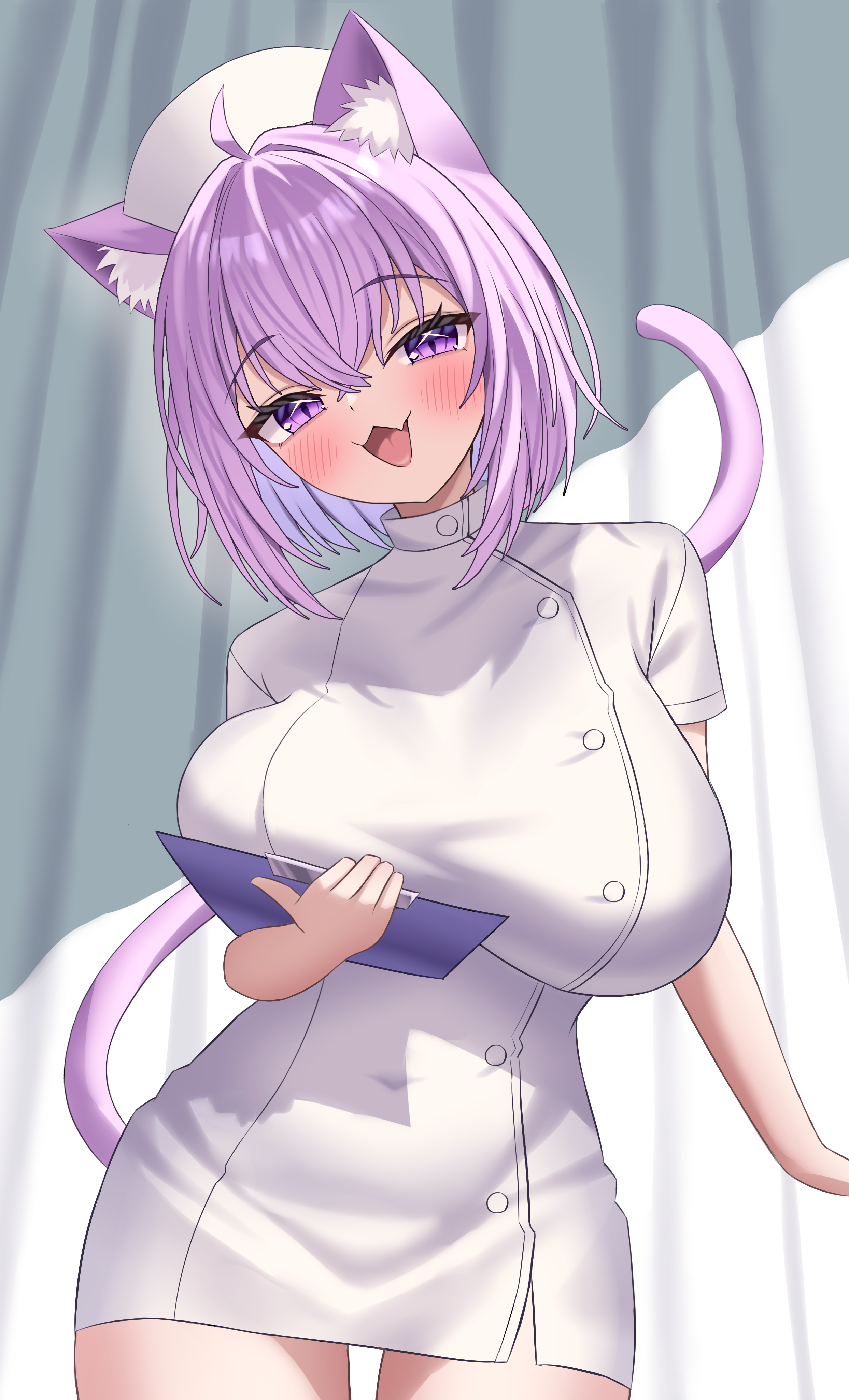 kumoru (kumoru 145), nekomata okayu, nurse dress, hololive, absurdres, commentary request, highres, 1girl, :d, ahoge, alternate costume, animal ear fluff, animal ears, blurry, blurry background, breasts, cat ears, cat girl, cat tail, clipboard, cowboy shot, crossed bangs, curtains, double-parted bangs, dress, hair between eyes, hat, holding, holding clipboard, indoors, large breasts, looking at viewer, nurse, nurse cap, open mouth, purple eyes, purple hair, short dress, short hair, short sleeves, smile, solo, straight-on, tail, virtual youtuber, white dress
