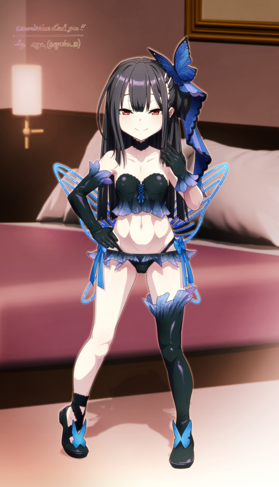 uganda (ugandam 00), miyu edelfelt, miyu edelfelt (swimsuit lancer) (third ascension), fate/grand order, fate (series), 1girl, adapted costume, asymmetrical legwear, black choker, black gloves, black hair, black panties, black shirt, blurry, blurry background, blush, breasts, butterfly hair ornament, butterfly wings, choker, cropped shirt, elbow gloves, full body, gloves, hair ornament, indoors, insect wings, long hair, looking at viewer, navel, panties, red eyes, shirt, single thighhigh, small breasts, smile, solo, thighhighs, underwear, wings