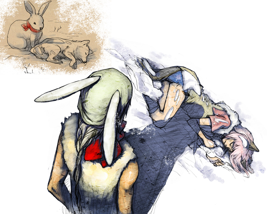 hong yun ji, original, bad id, bad pixiv id, 2girls, animal ears, braid, death, fox, fox ears, fox tail, lying, multiple girls, pink hair, rabbit, rabbit ears, scarf, shadow, single braid, snow, tail, white hair