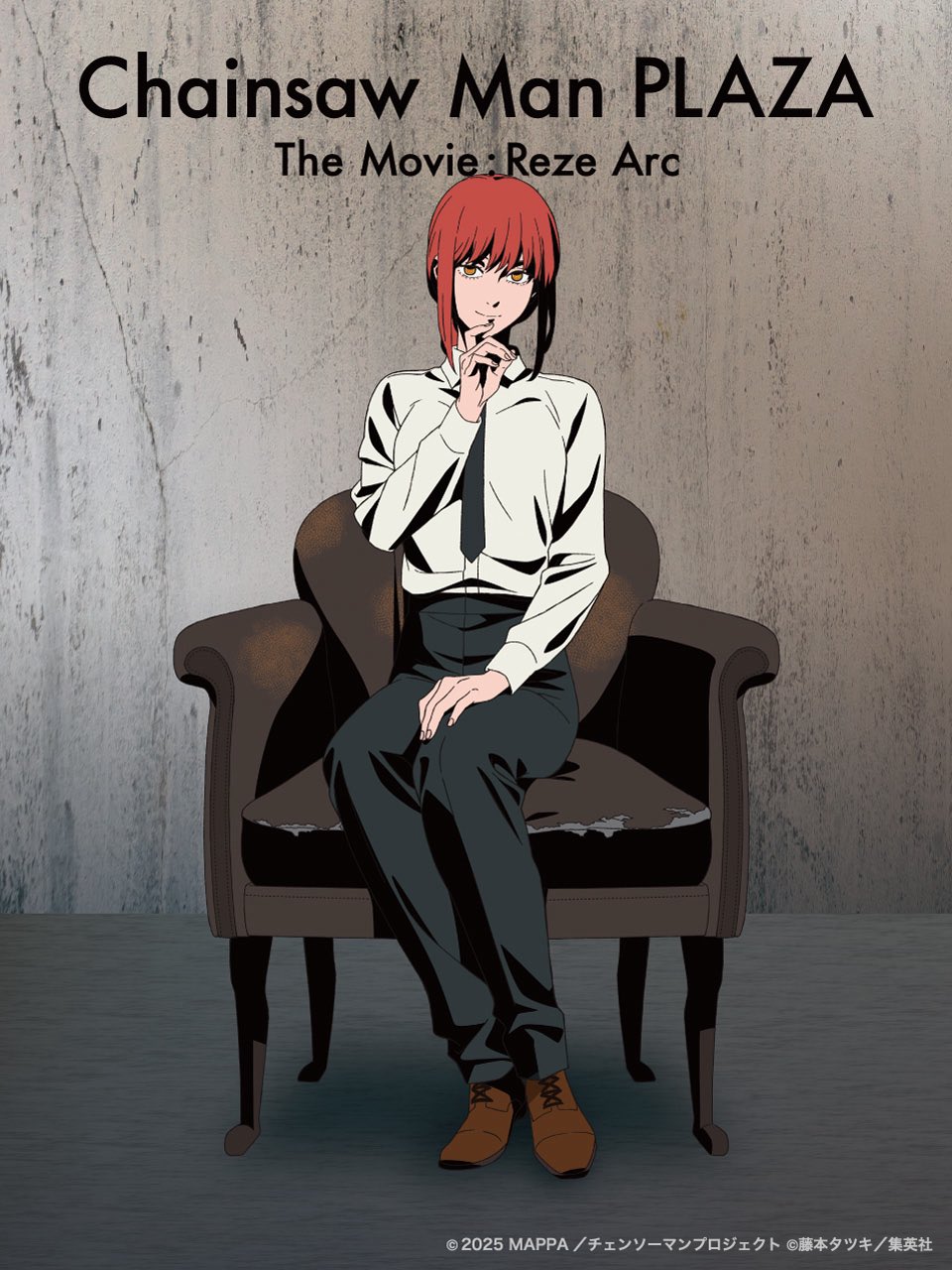 makima (chainsaw man), chainsaw man, artist request, commentary request, highres, official art, black necktie, black pants, brown shoes, chair, closed mouth, collared shirt, company name, concrete wall, copyright name, copyright notice, full body, hand on own chin, indoors, light smile, long sleeves, looking at viewer, necktie, on chair, pants, red hair, ringed eyes, shirt, shoes, short hair with long locks, sitting, solo, white shirt, yellow eyes