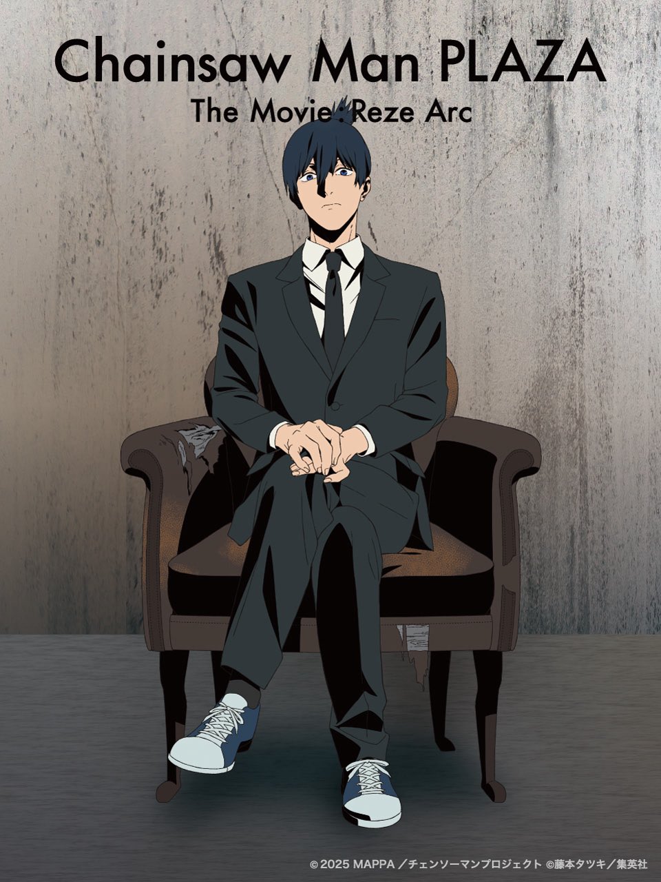 hayakawa aki, chainsaw man, artist request, commentary request, highres, official art, 1boy, black hair, black necktie, black pants, black suit, chair, closed mouth, collared shirt, company name, concrete wall, copyright name, copyright notice, crossed legs, formal clothes, full body, indoors, long sleeves, looking at viewer, male focus, necktie, on chair, own hands together, pants, shirt, shoes, short hair, sitting, solo, suit, topknot, white shirt, white shoes