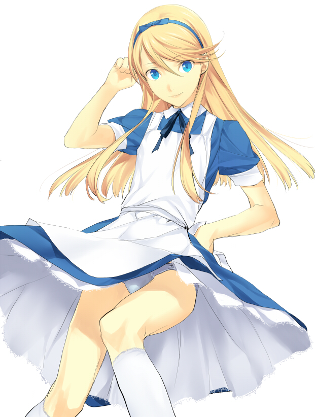 ginka sima, alice (alice in wonderland), kuma (persona 4), alice's adventures in wonderland, atlus, persona, persona 4, bad id, bad pixiv id, 1boy, alice (alice in wonderland) (cosplay), blonde hair, blue eyes, cosplay, crossdressing, crossdressing (mtf), dress, hairband, long hair, male focus, panties, pantyshot, socks, solo, trap, underwear