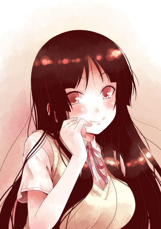 kouji (campus life), akiyama mio, k-on!, 00s, 1girl, blush, female focus, long hair, monochrome, red theme, school uniform, smile, solo, sweater