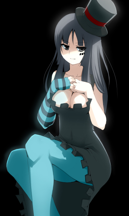 mu 2847, akiyama mio, don't say "lazy", k-on!, striped, bad id, bad pixiv id, 00s, 1girl, black eyes, black hair, blue pantyhose, breast clinging, breast suppress, breasts, cleavage, dress, facepaint, female focus, framed breasts, hat, large breasts, long hair, pantyhose, smile, solo, top hat