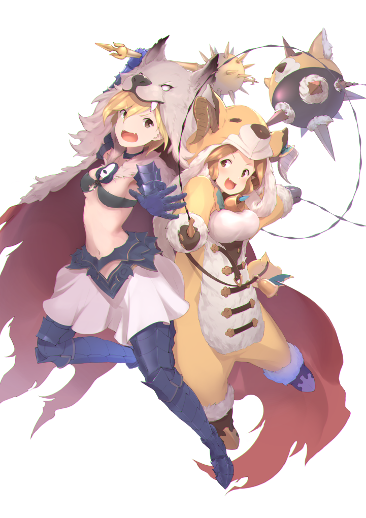 note (suzu note000), berserker (granblue fantasy), daetta (granblue fantasy), djeeta (granblue fantasy), granblue fantasy, commentary request, 2girls, :d, animal hat, ball and chain (weapon), bell, blonde hair, breasts, brown eyes, brown hair, draph, gauntlets, gloves, hat, holding, holding mace, holding weapon, horns, looking at viewer, mace, multiple girls, navel, neck bell, open mouth, pelt, simple background, smile, spiked ball and chain, spiked mace, spikes, stomach, weapon, white background