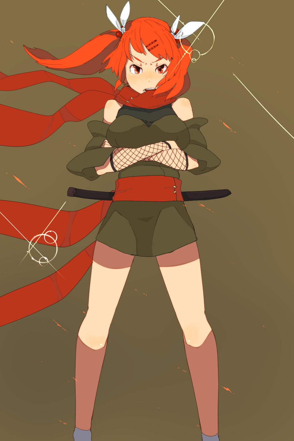 nanora, original, breast hold, bad id, bad pixiv id, highres, angry, breasts, crossed arms, hair ornament, hairclip, katana, large breasts, ninja, orange eyes, orange hair, scarf, solo, sword, twintails, weapon