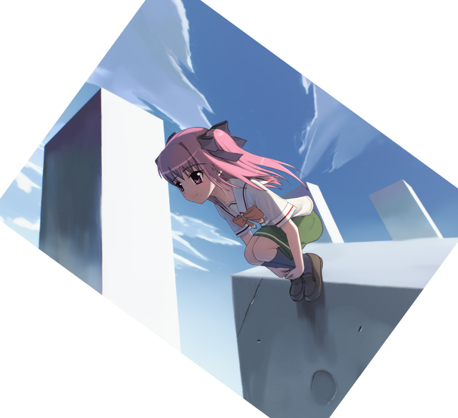 kai ha, original, blush, long hair, pink eyes, pink hair, school uniform, skirt, smile, solo