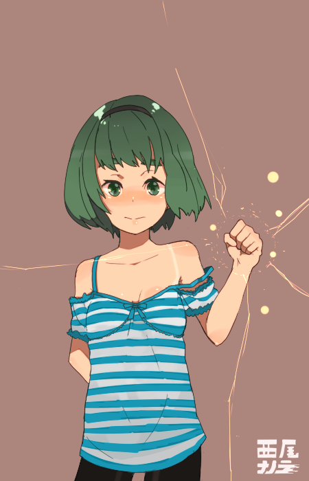 nanora, original, striped, bad id, bad pixiv id, blush, electricity, green eyes, green hair, hairband, short hair, solo, strap slip
