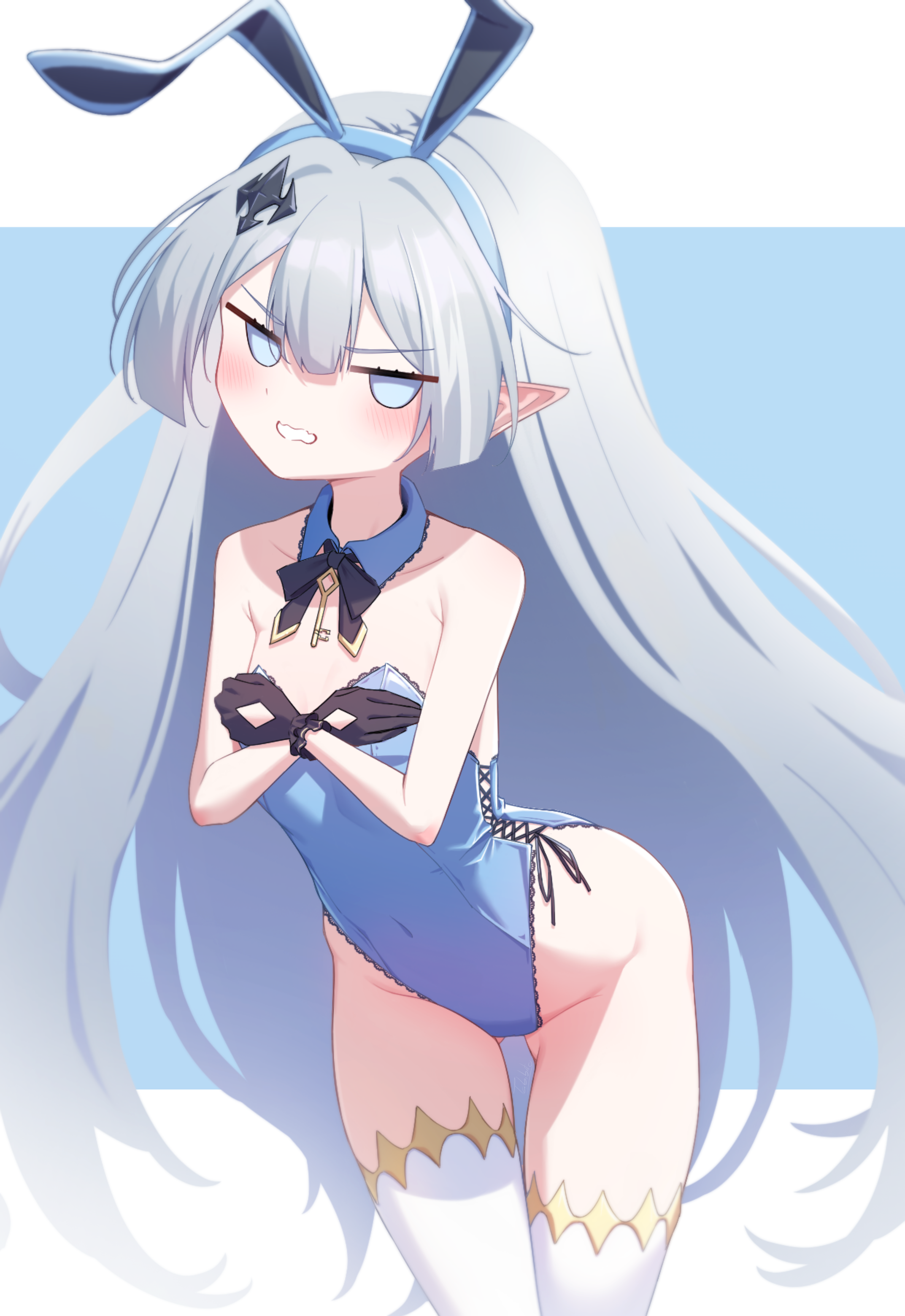 tabibito (pew cpotty), tyrant (stella sora), stella sora, absurdres, highres, 1girl, animal ears, bare shoulders, black gloves, blue background, blue eyes, blue leotard, blush, breasts, covered navel, covering breasts, covering privates, detached collar, gloves, grey hair, hair ornament, hairclip, jewelry, key, key necklace, leotard, looking at viewer, necklace, playboy bunny, pointy ears, rabbit ears, small breasts, solo, thighhighs, two-tone background, white background, white thighhighs