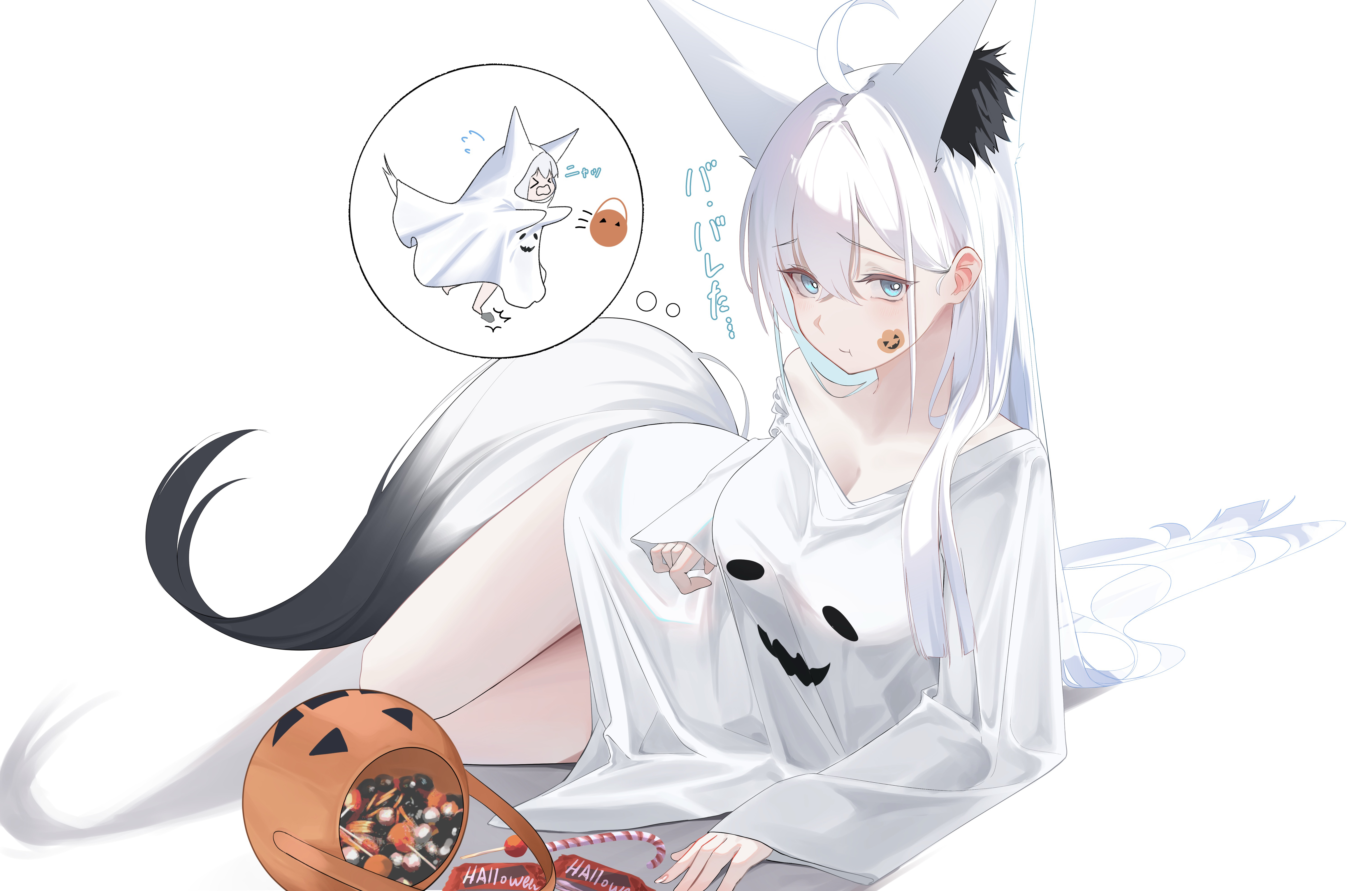 tanishi (hetianming11093), shirakami fubuki, hololive, absurdres, commentary request, highres, 1girl, animal ear fluff, animal ear piercing, animal ears, aqua eyes, breasts, candy, double-parted bangs, food, fox ears, fox girl, fox tail, hair between eyes, long hair, looking at viewer, lying, medium breasts, no pants, on side, print shirt, shirt, simple background, single off shoulder, sleeves past wrists, solo, speech bubble, tail, thought bubble, v-neck, virtual youtuber, white background, white hair, white shirt