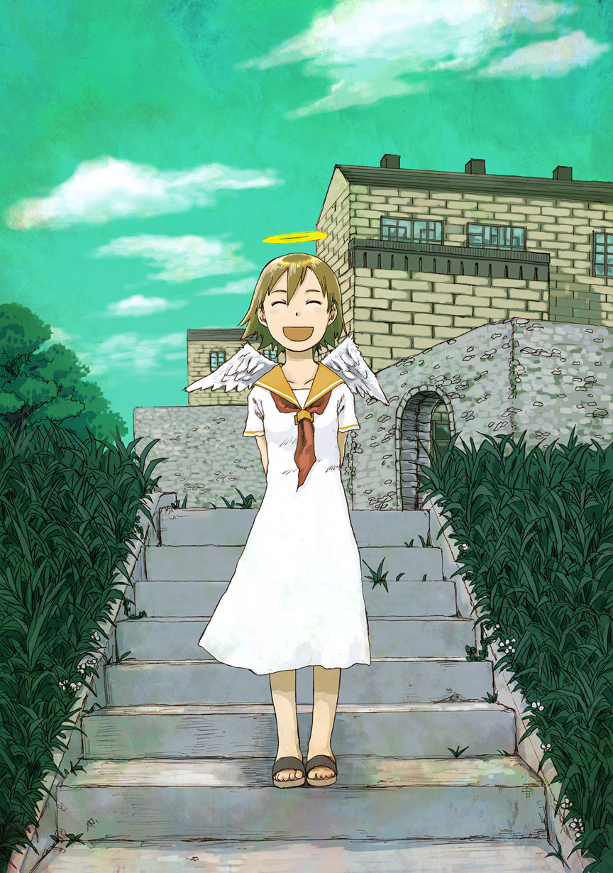 naotan, rakka (haibane renmei), haibane renmei, highres, 00s, 1girl, angel wings, brown hair, child, female focus, halo, happy, sandals, short hair, solo, stairs, traditional halo, wings