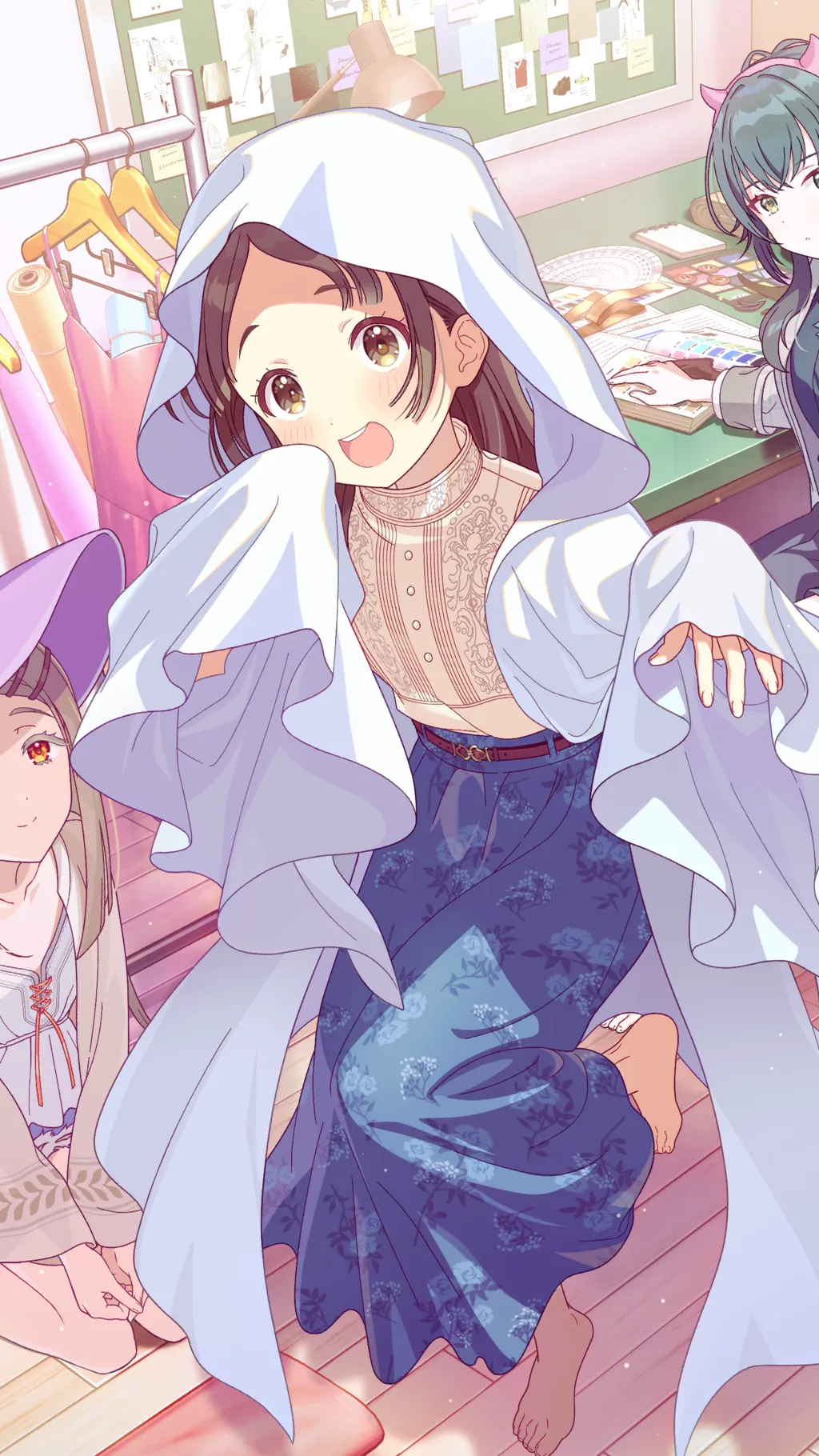 kuramoto china, shinosawa hiro, tsukimura temari, gakuen idolmaster, idolmaster, game cg, highres, official art, 3girls, belt, blanket veil, book, brown eyes, brown hair, clothes hanger, feet, floral print, green eyes, green hair, hair ornament, hairclip, horn ornament, horns, long skirt, multiple girls, on floor, one leg raised, open book, open mouth, orange eyes, skirt, table, toes, unworn clothes