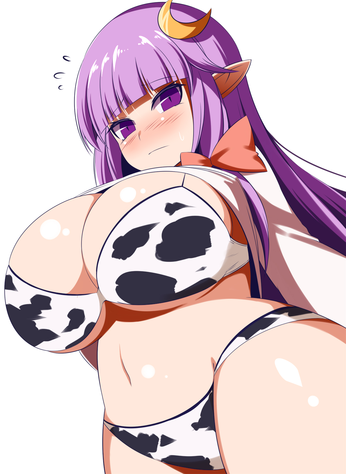gero zoukin, patchouli knowledge, touhou, highres, 1girl, animal print, bikini, breasts, cow print, large breasts, pointy ears, solo, swimsuit