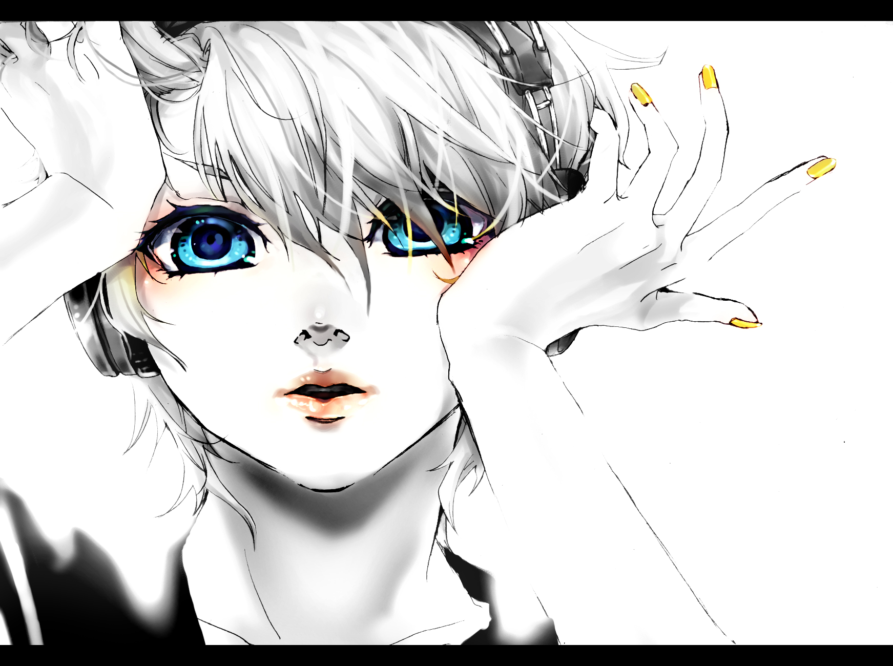 akiakane, kagamine len, migikata no chou (vocaloid), vocaloid, highres, 1boy, arm support, arms up, blue eyes, close-up, eyelashes, face focus, facing viewer, fingernails, hair between eyes, hair over one eye, letterboxed, lips, looking at viewer, male focus, monochrome, nail polish, portrait, simple background, solo, spot color, white background, yellow nails