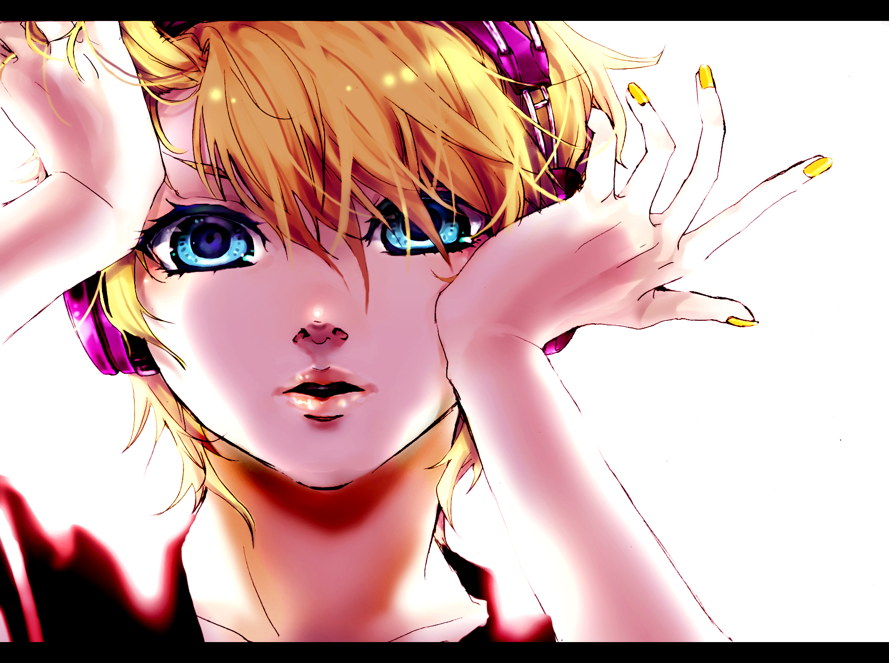 akiakane, kagamine len, migikata no chou (vocaloid), vocaloid, highres, official art, 1boy, blonde hair, blue eyes, close-up, eyelashes, face focus, facing viewer, hair between eyes, hair over one eye, headphones, letterboxed, looking at viewer, male focus, nail polish, out of frame, portrait, sailor collar, short hair, simple background, solo, white background, yellow nails