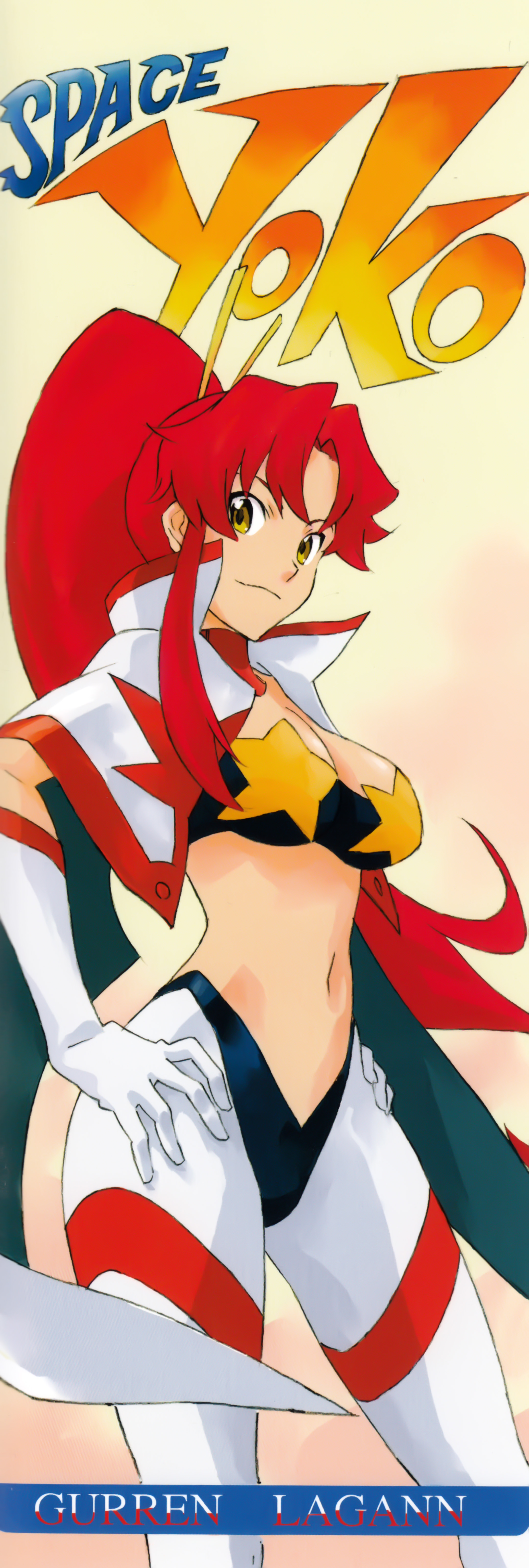 sushio, space yoko, yoko littner, tengen toppa gurren lagann, absurdres, highres, long image, official art, tall image, 00s, 1girl, bandeau, breasts, cape, cleavage, elbow gloves, female focus, gloves, hands on own hips, large breasts, long hair, ponytail, red hair, smile, solo, strapless, thighhighs, tube top, yellow eyes