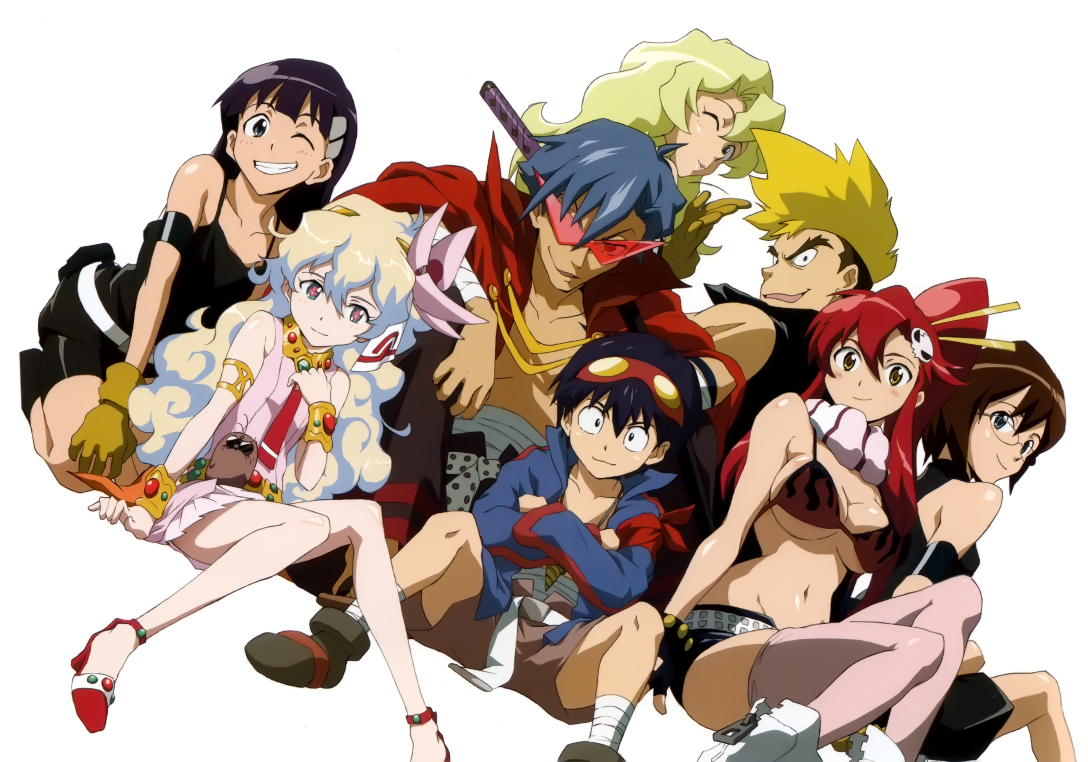 shinagawa hiroki, kamina (ttgl), kinon bachika, kittan bachika, kiyal bachika, kiyoh bachika, nia teppelin, simon (ttgl), yoko littner, tengen toppa gurren lagann, absurdres, highres, official art, 00s, 3boys, 5girls, bikini, bikini top only, breasts, cleavage, high heels, multiple boys, multiple girls, swimsuit, thighhighs