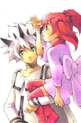 toki no, tokine (tokiami), hayakawa ai, makenshi (ffu), shiroi kumo, final fantasy, final fantasy unlimited, bad id, bad pixiv id, lowres, 00s, 1boy, 1girl, :<, green eyes, hair bobbles, hair ornament, japanese clothes, kimono, kimono skirt, pink hair, red eyes, thighhighs, white hair