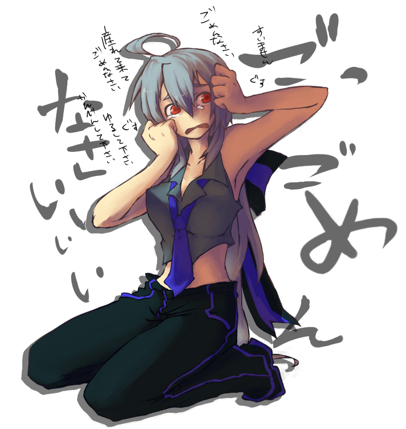 inubashiri-gon, yowane haku, vocaloid, silver hair, bad id, bad pixiv id, translation request, 1girl, ahoge, armpits, blouse, female focus, full body, grey shirt, necktie, red eyes, shirt, simple background, solo, tears