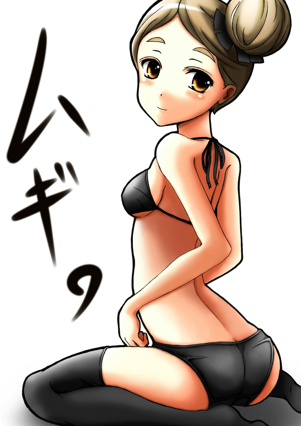 okumoto yuuta, kotobuki tsumugi, don't say "lazy", k-on!, eyebrows, bad id, bad pixiv id, highres, 00s, 1girl, alternate hairstyle, ass, bikini, black bikini, black thighhighs, blonde hair, breasts, brown eyes, female focus, hair bun, halterneck, kneeling, looking back, simple background, single hair bun, solo, swimsuit, thighhighs
