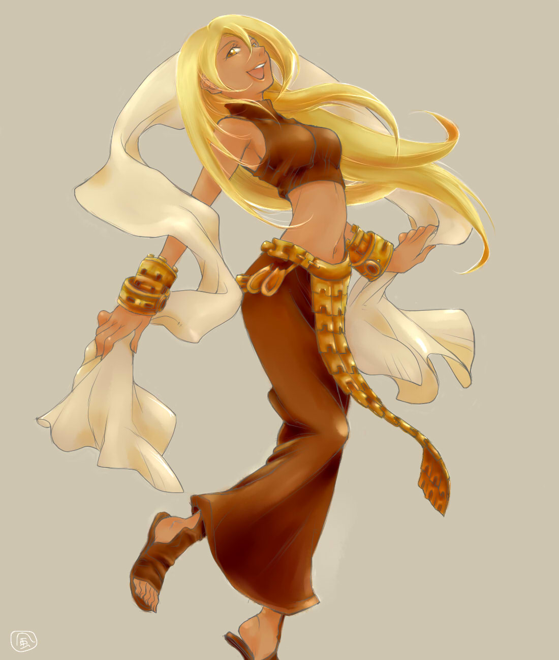 d-maker, dancer (fft), final fantasy, final fantasy tactics, highres, 1girl, blonde hair, dark-skinned female, dark skin, female focus, jewelry, long hair, midriff, navel, open mouth, solo