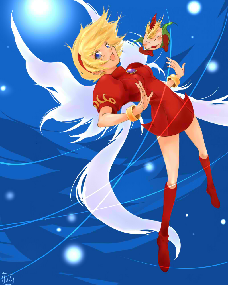 d-maker, nina (breath of fire iii), peco (bof), peco (breath of fire), breath of fire, breath of fire iii, 1girl, angel wings, blonde hair, blue background, blue eyes, boots, dress, hairband, knee boots, white wings, wings