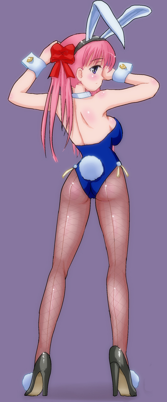 rudo, haramura nodoka, saki (manga), highres, long image, tall image, 00s, 1girl, alternate costume, animal ears, ass, back-seamed legwear, blue eyes, fake animal ears, female focus, fishnet pantyhose, fishnets, from behind, high heels, legs, long hair, pantyhose, pink background, pink hair, playboy bunny, rabbit ears, rabbit tail, seamed legwear, shoes, solo, tail, twintails, wrist cuffs