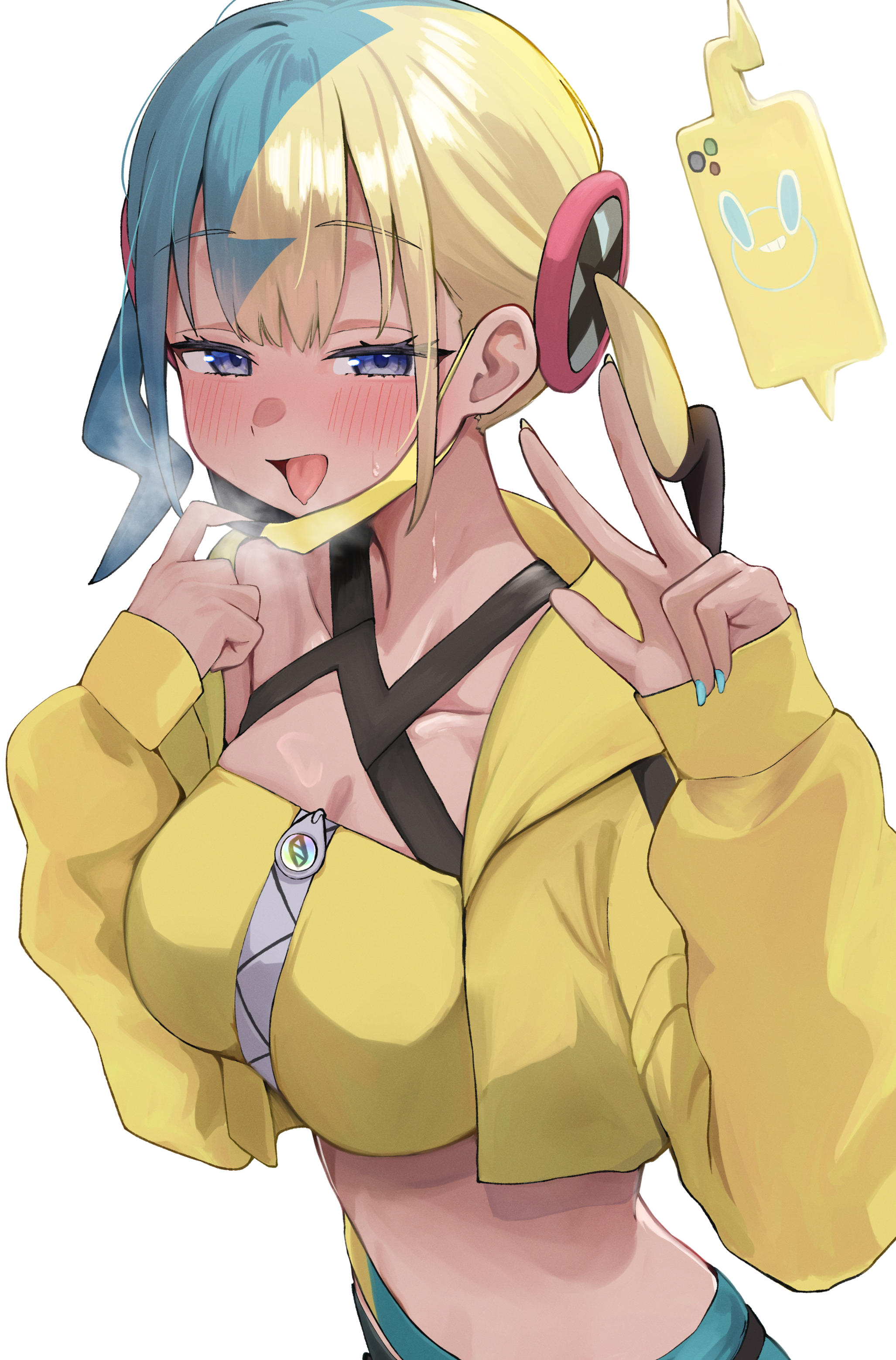 k0k0me, canari (pokemon), rotom, rotom phone, nintendo, pokemon, pokemon legends: z-a, absurdres, highres, 1girl, aqua hair, black mask, blonde hair, blue eyes, blush, breasts, cropped jacket, dark-skinned female, dark skin, gen 4 pokemon, jacket, large breasts, long hair, looking at viewer, mask, mask pull, midriff, mouth mask, multicolored hair, navel, open mouth, pokemon (creature), short twintails, simple background, smile, solo, split-color hair, sports bra, tongue, tongue out, twintails, v, white background, yellow jacket