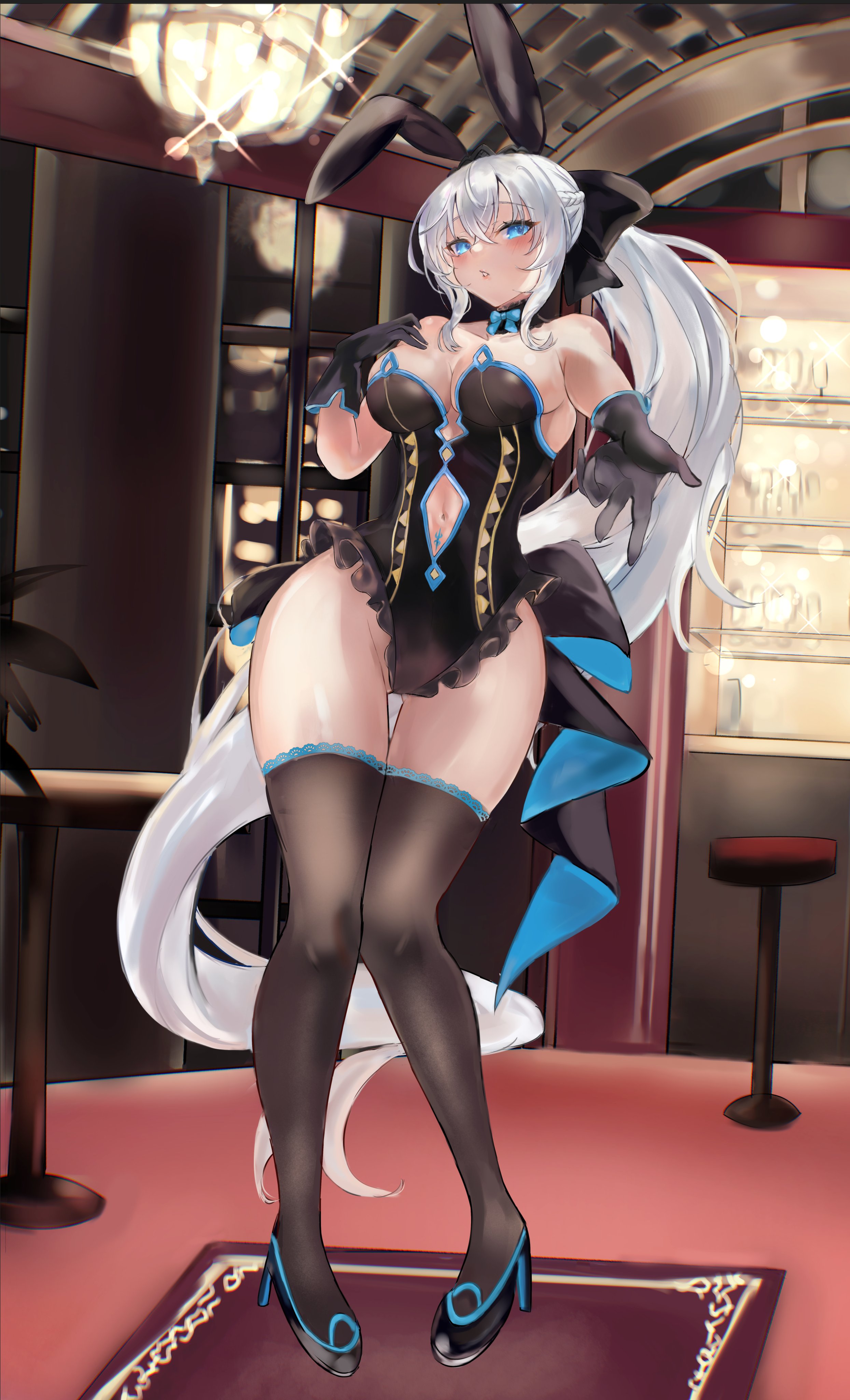 klash, morgan le fay (fate), fate/grand order, fate (series), absurdres, highres, 1girl, animal ears, bare shoulders, black bow, black gloves, black leotard, black thighhighs, blue eyes, blue trim, blush, bow, bowtie, braid, breasts, cleavage, clothing cutout, detached collar, fake animal ears, full body, gloves, grey hair, hair bow, high heels, highleg, highleg leotard, large breasts, leotard, long hair, looking at viewer, navel, navel cutout, outstretched arm, parted lips, ponytail, rabbit ears, sidelocks, solo, thighhighs, very long hair
