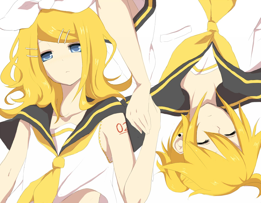 monka, kagamine len, kagamine rin, vocaloid, bad id, bad pixiv id, 1boy, 1girl, alternate hairstyle, blonde hair, blue eyes, brother and sister, closed eyes, hair ribbon, hetero, holding hands, lying, on back, ribbon, siblings, simple background, twins