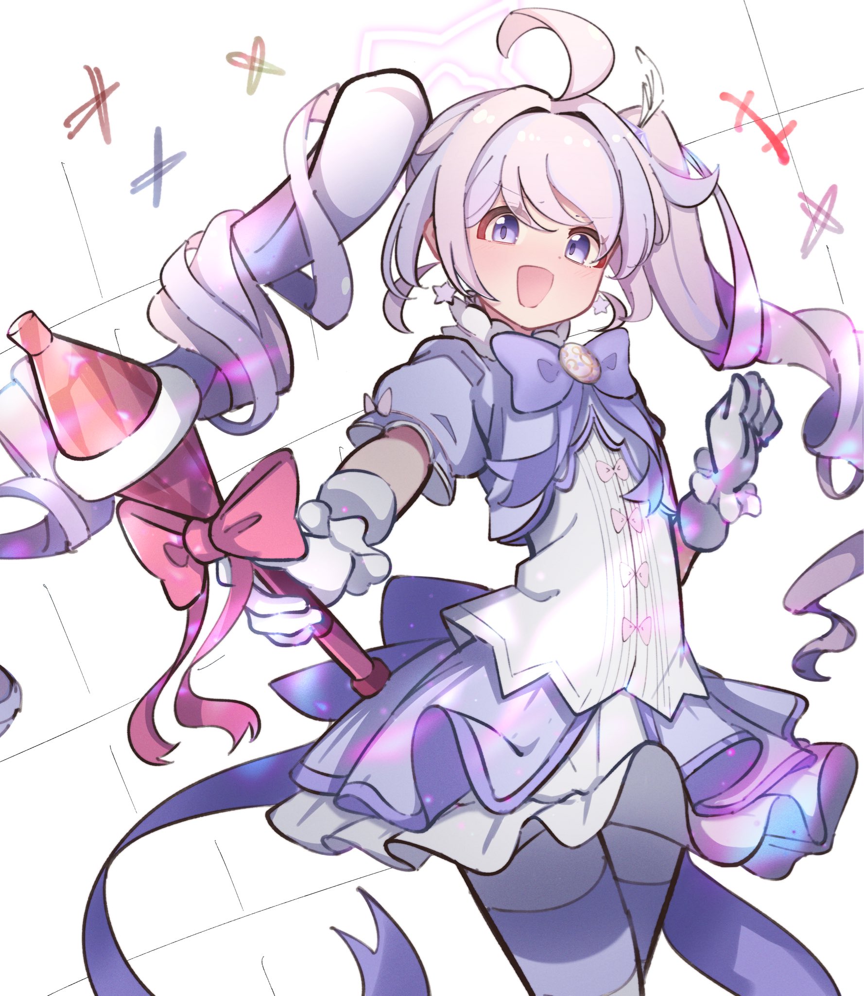 mokoni (wao ko), reisa (blue archive), reisa (magical) (blue archive), blue archive, highres, 1girl, ahoge, flat chest, gloves, halo, looking at viewer, magical girl, open mouth, purple eyes, purple hair, purple ribbon, ribbon, solo, standing, twintails, white gloves