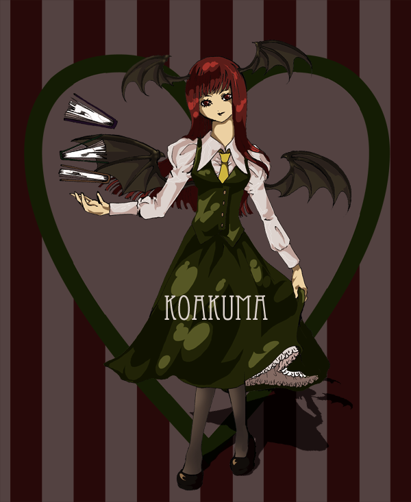 mystery, nazo (mystery), koakuma, embodiment of scarlet devil, touhou, bad id, bad pixiv id, 1girl, bat wings, book, female focus, head wings, long hair, red eyes, red hair, solo, wings