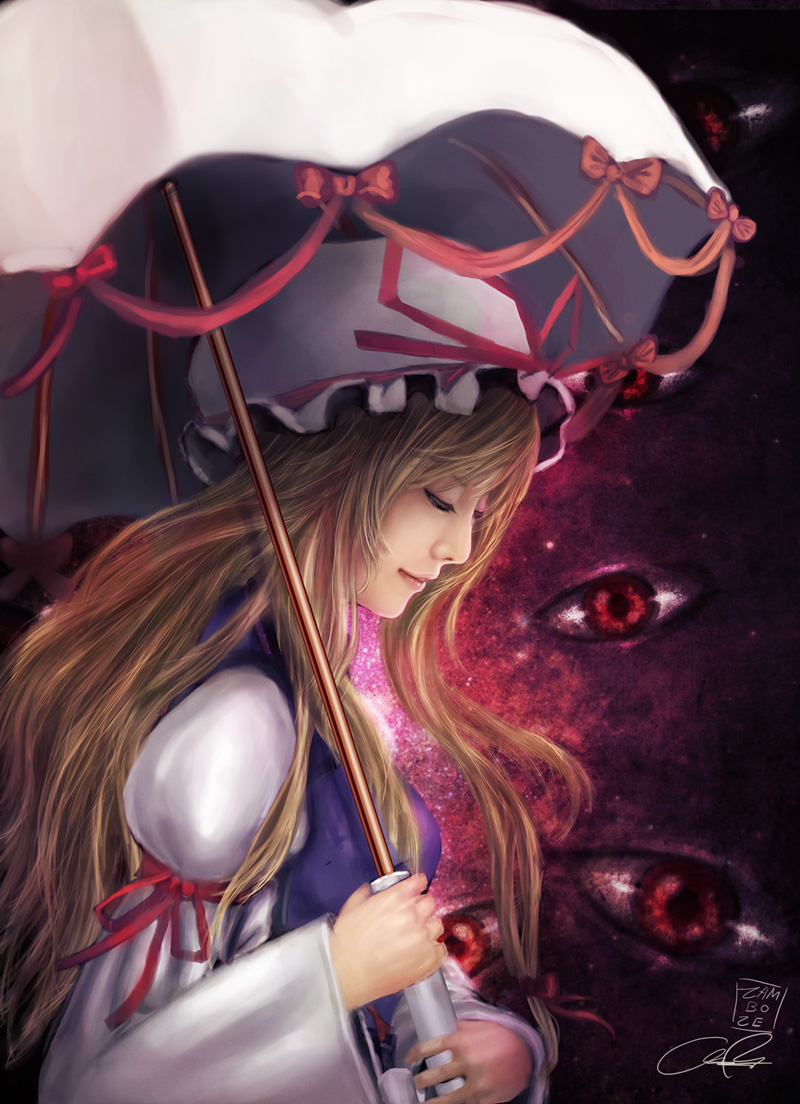 zamboze, yakumo yukari, touhou, 1girl, arm ribbon, artist name, blonde hair, bow, breasts, closed eyes, dress, eyelashes, female focus, hair over shoulder, hat, hat ribbon, holding, holding umbrella, lips, long hair, long sleeves, looking at viewer, medium breasts, mob cap, nose, parted lips, pink lips, profile, puffy long sleeves, puffy sleeves, realistic, red eyes, ribbon, ribbon trim, signature, solo, space, tabard, umbrella, upper body, very long hair, white dress, wide sleeves