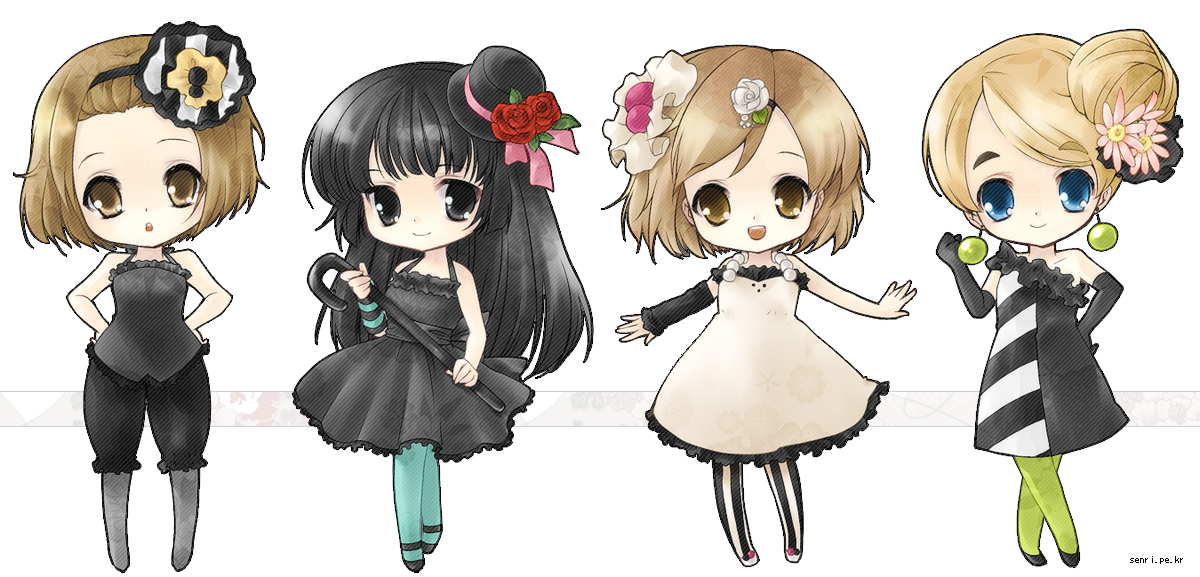 senri (nazerine), akiyama mio, hirasawa yui, kotobuki tsumugi, tainaka ritsu, don't say "lazy", k-on!, striped legwear, vertical-striped legwear, 00s, 4girls, black eyes, black hair, blonde hair, blue eyes, blue pantyhose, brown eyes, brown hair, cane, chibi, dress, green pantyhose, hat, ho-kago tea time, long hair, mini hat, mini top hat, multiple girls, pantyhose, short hair, striped clothes, striped pantyhose, top hat, vertical-striped clothes, vertical-striped pantyhose