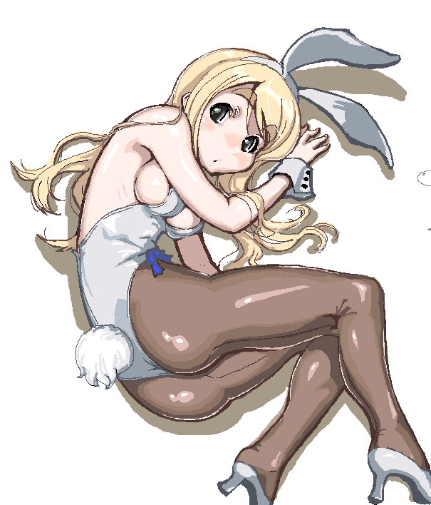 indee, kotobuki tsumugi, k-on!, 00s, 1girl, animal ears, ass, black eyes, blonde hair, breasts, fake animal ears, female focus, high heels, long hair, looking at viewer, lying, on side, pantyhose, playboy bunny, rabbit ears, shoes, sideboob, simple background, solo, white background