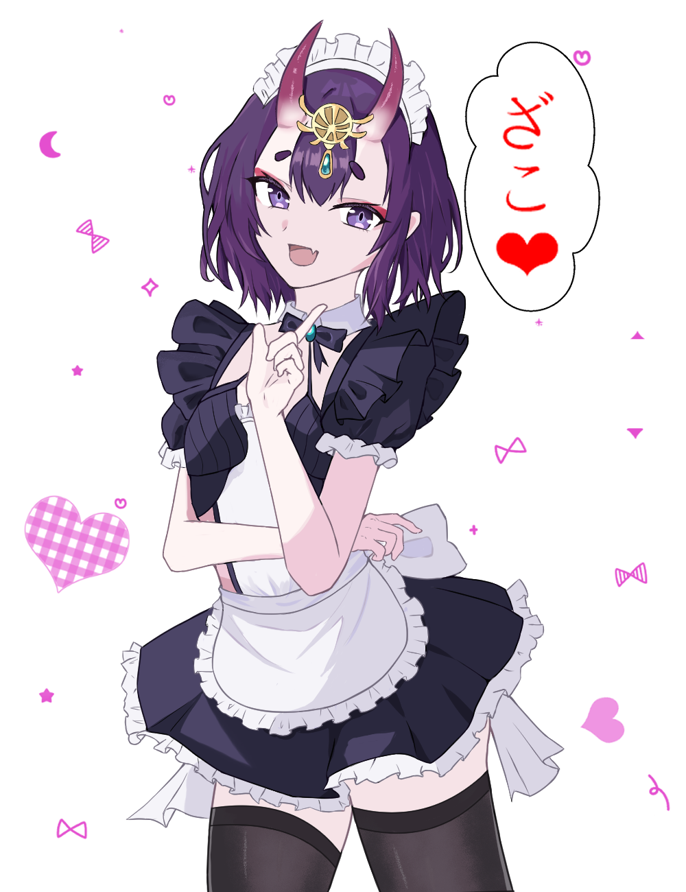 shuten douji (fate), fate/grand order, fate (series), highres, translation request, 1girl, apron, black dress, black thighhighs, blush, bow, bowtie, breasts, brooch, detached collar, dress, eyeliner, headpiece, heart, horns, jewelry, looking at viewer, m00nf1sh, maid, maid headdress, makeup, oni, open mouth, puffy short sleeves, puffy sleeves, purple eyes, purple hair, short dress, short hair, short sleeves, skin-covered horns, small breasts, smile, speech bubble, thighhighs, thighs, waist apron, white apron