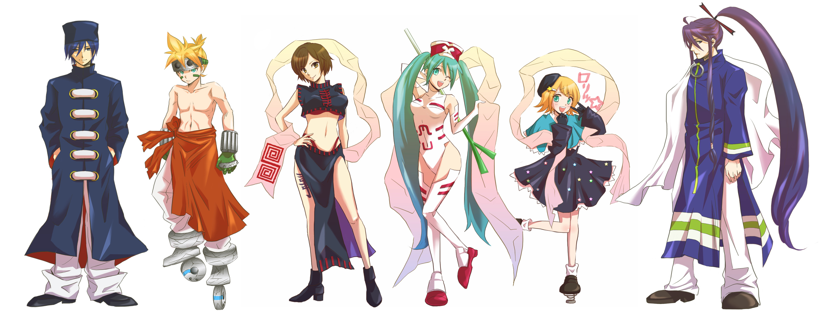 ebimayo, chuu ou, hatsune miku, kagamine len, kagamine rin, kaito (vocaloid), kamui gakupo, ko kibi, meiko (vocaloid), nataku, ou kijin, so dakki, youzen, houshin engi, vocaloid, bad id, bad pixiv id, highres, long image, wide image, 3boys, 3girls, blue hair, china dress, chinese clothes, chuu ou (cosplay), cosplay, dress, hat, ko kibi (cosplay), long hair, m/, multiple boys, multiple girls, nataku (cosplay), navel, one eye closed, ou kijin (cosplay), parody, so dakki (cosplay), thighhighs, twintails, wink, youzen (cosplay)