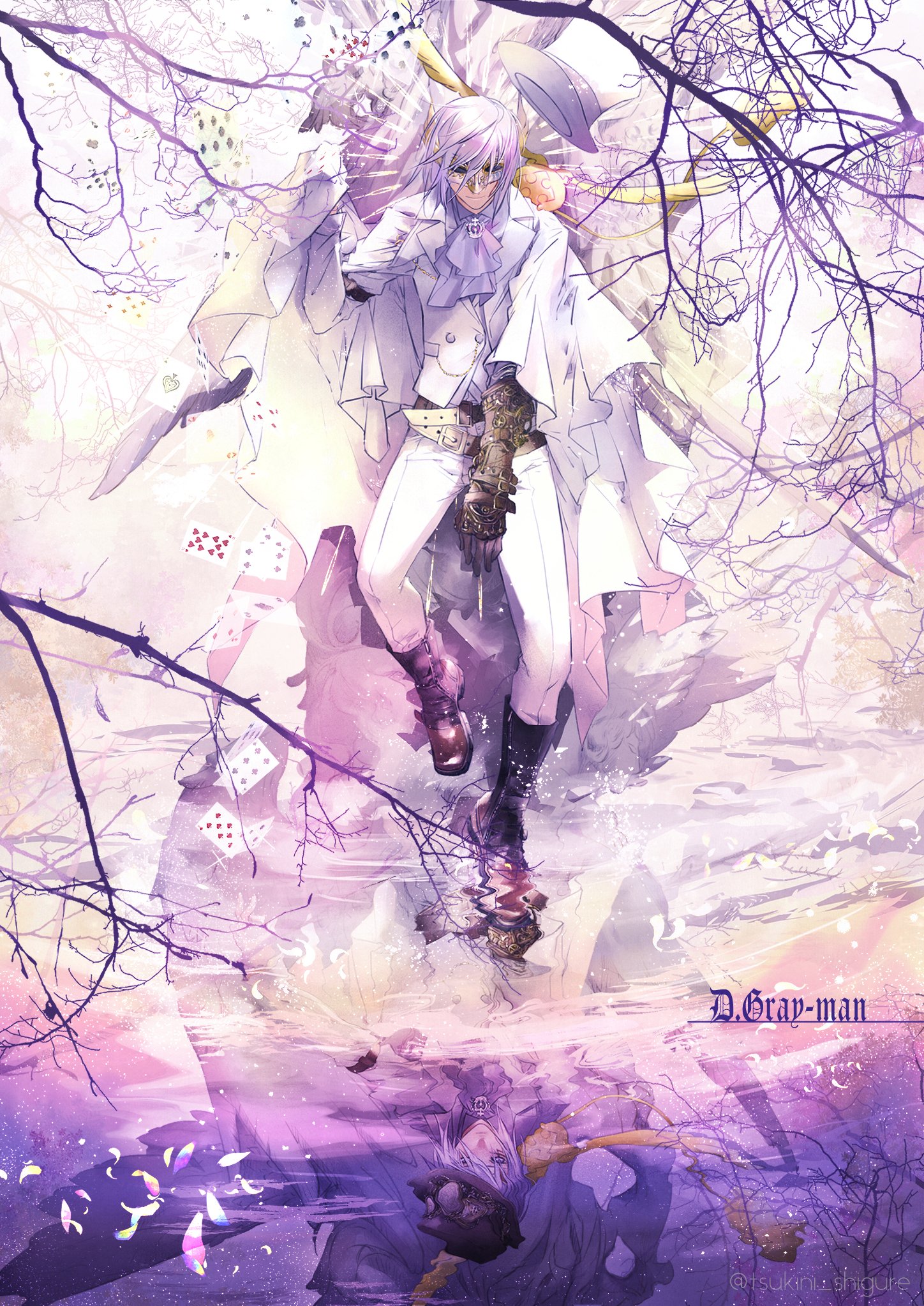 tsukini shigure, allen walker, timcanpy, d.gray-man, highres, 1boy, belt, boots, branch, brown belt, brown boots, brown gauntlets, brown hat, buttons, cape, card, chain, collared coat, collared shirt, copyright name, creature, creature on shoulder, cross, different reflection, dress shirt, facing viewer, falling petals, floating card, floating hair, floating hat, formal clothes, gauntlets, gem, gold chain, gold trim, golem (d.gray-man), gradient background, grey neckerchief, grey shirt, hair between eyes, hat, horns, lake, large hat, leather belt, male focus, mask, multiple belts, neckerchief, on shoulder, pants, petals, playing card, purple background, purple gemstone, reflection, reflective water, shirt, short hair, sidelocks, signature, single gauntlet, smile, solo, suit, tail, tree, twitter username, unworn hat, unworn headwear, water, white background, white cape, white hair, white hat, white mask, white pants, white suit, wings