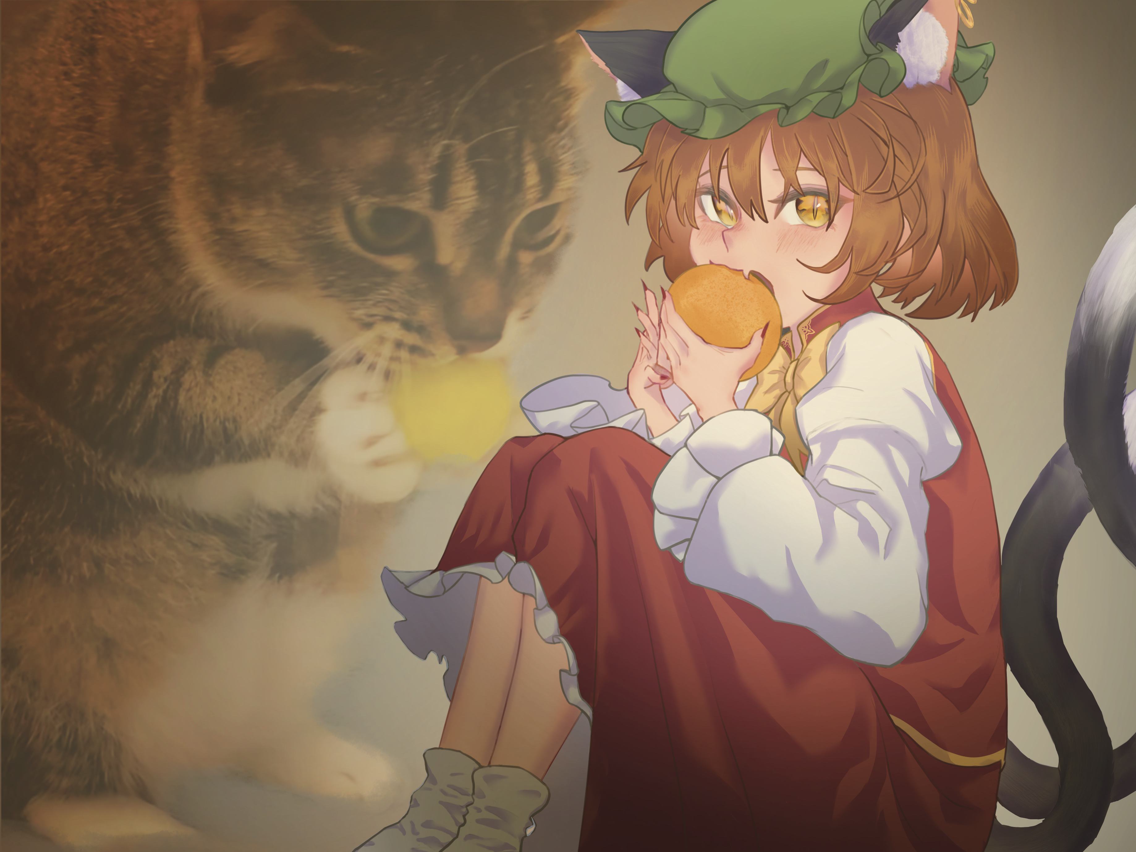 qazsxdc78225, chen, touhou, absurdres, commentary, highres, 1girl, animal ear fluff, animal ears, blush, bow, bowtie, brown hair, cat ears, cat girl, cat tail, dress, eating, fang, fingernails, food, frilled hat, frilled sleeves, frills, fruit, green hat, hat, holding, holding food, holding fruit, knees up, long sleeves, looking at viewer, mob cap, multiple tails, nail polish, pinafore dress, projected inset, red dress, red nails, shirt, short hair, sitting, skin fang, sleeveless, sleeveless dress, slit pupils, socks, tail, white shirt, white socks, yellow bow, yellow bowtie