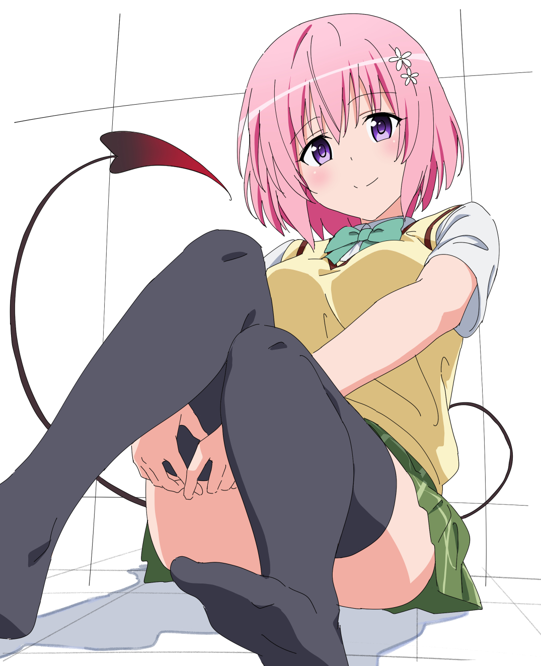 hatenoga, momo velia deviluke, to love-ru, highres, 1girl, black thighhighs, blush, bow, bowtie, breasts, demon tail, flower, green bow, green bowtie, hair flower, hair ornament, looking at viewer, medium breasts, medium hair, pink hair, plaid clothes, plaid skirt, pleated skirt, purple eyes, school uniform, shirt, sitting, skirt, smile, solo, tail, thighhighs, vest, white shirt, yellow vest