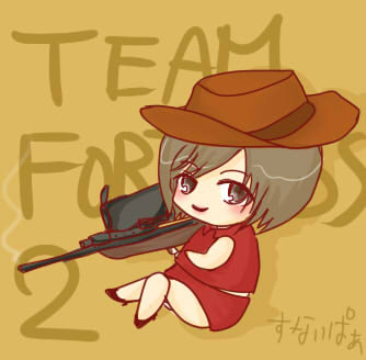 naa (vitamin), vitamin, meiko (vocaloid), red sniper (tf2), sniper (tf2), team fortress 2, vocaloid, lowres, 1girl, brown eyes, brown hair, chibi, cowboy hat, female focus, gun, hat, parody, rifle, sniper rifle, solo, weapon