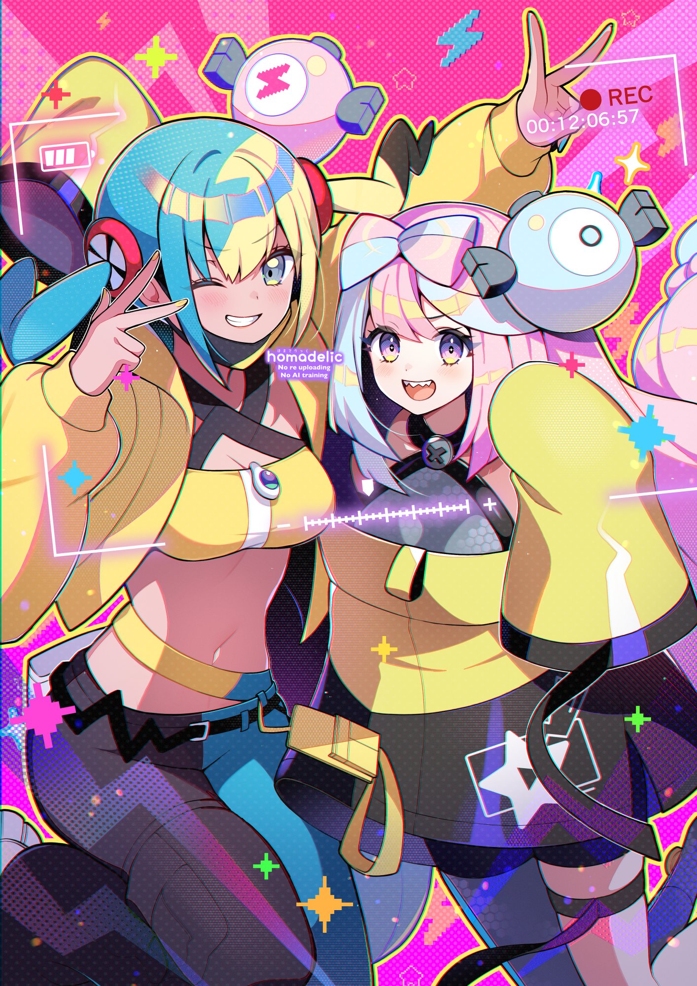 homaderi, canari (pokemon), iono (pokemon), nintendo, pokemon, pokemon legends: z-a, pokemon sv, highres, 2girls, aqua hair, bandeau, bare shoulders, belt, bike shorts, black pants, black shorts, blonde hair, blue hair, blue pants, blush, bow-shaped hair, breasts, character hair ornament, cleavage, criss-cross halter, dark-skinned female, dark skin, dress, grey dress, grey pantyhose, grin, hair ornament, halterneck, jacket, long hair, long sleeves, looking at viewer, mask, medium breasts, medium hair, mouth mask, multicolored hair, multiple girls, navel, one eye closed, open mouth, pants, pantyhose, pantyhose under shorts, pelvic curtain, pink hair, purple eyes, short dress, shorts, single leg pantyhose, sleeves past fingers, sleeves past wrists, small breasts, smile, split-color hair, thighs, trait connection, twintails, two-tone hair, two-tone mask, two-tone pants, yellow bandeau, yellow jacket