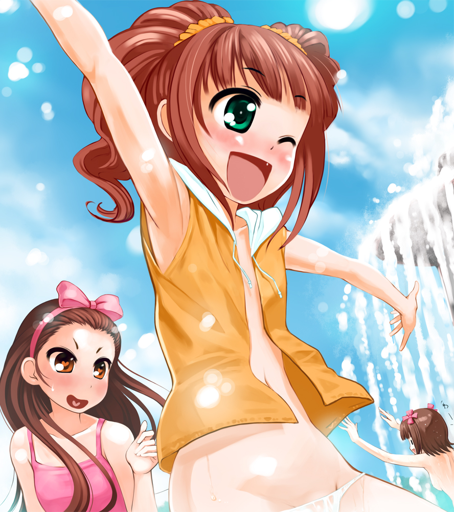nanakorobi, amami haruka, minase iori, takatsuki yayoi, idolmaster, idolmaster (classic), 00s, 3girls, brown hair, loli, lowleg, multiple girls, open clothes, open shirt, shirt, short hair, twintails