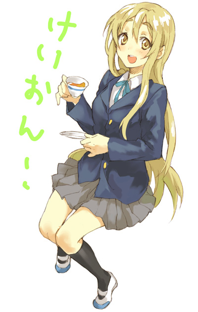 sakamoto atsumu, kotobuki tsumugi, k-on!, 00s, 1girl, black socks, blonde hair, cup, female focus, full body, kneehighs, long hair, school uniform, shoes, simple background, skirt, socks, solo, tea, teacup, uwabaki