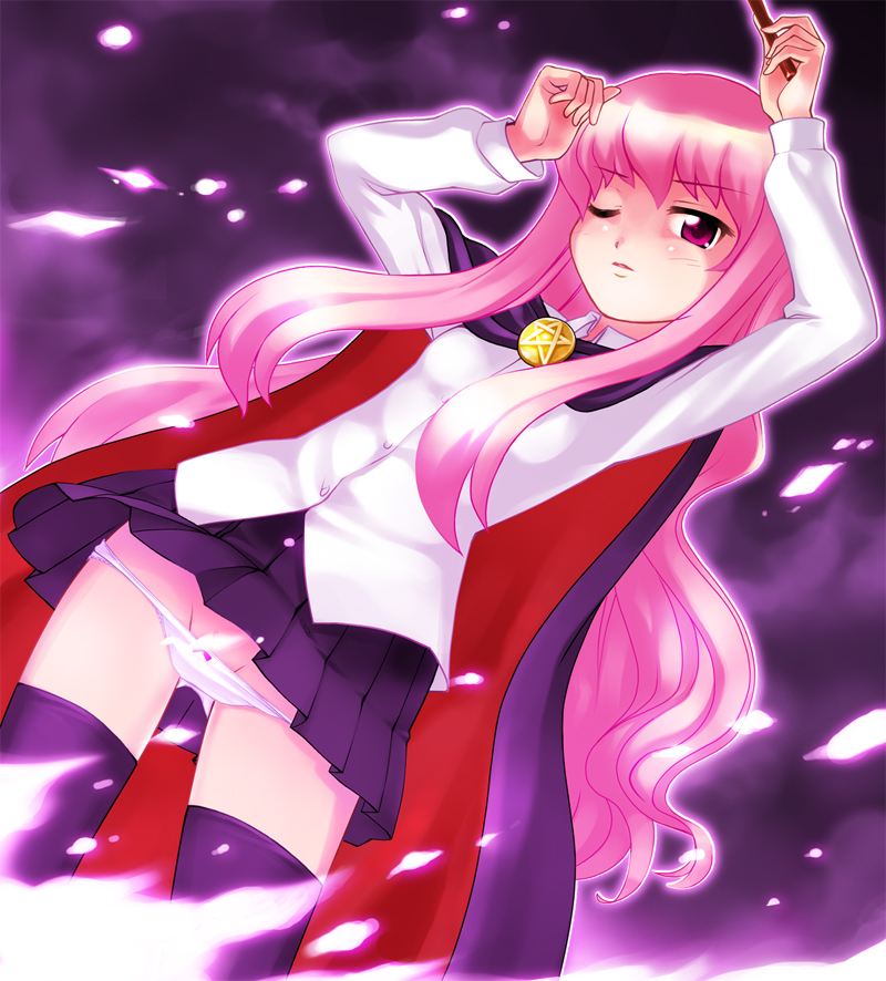 nanakorobi, louise francoise le blanc de la valliere, zero no tsukaima, 00s, 1girl, cape, female focus, flat chest, loli, lowleg, miniskirt, panties, panty pull, pentacle, pink eyes, pink hair, purple background, school uniform, skirt, solo, thighhighs, underwear, zettai ryouiki