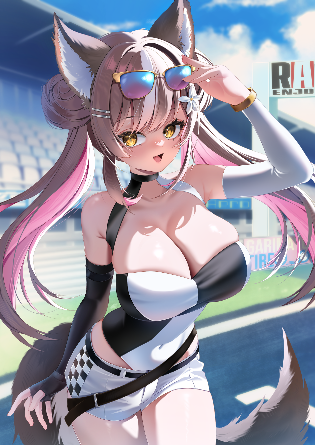 garimayo, original, commission, highres, skeb commission, 1girl, animal ears, bare shoulders, black gloves, blush, breasts, brown hair, cleavage, covered navel, elbow gloves, eyewear on head, flower, fox ears, fox girl, fox tail, gloves, hair flower, hair ornament, hairclip, large breasts, long hair, looking at viewer, multicolored hair, open mouth, outdoors, pink hair, race queen, shirt, shorts, sleeveless, sleeveless shirt, smile, solo, tail, twintails, two-tone hair, two-tone shirt, very long hair, white gloves, white shorts, yellow eyes