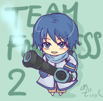 naa (vitamin), vitamin, kaito (vocaloid), medic (tf2), team fortress 2, vocaloid, lowres, 1boy, blue eyes, blue hair, blue scarf, chibi, gun, male focus, matching hair/eyes, parody, scarf, solo, weapon